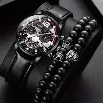 2/3 шт./компл., модные мужские деловые кварцевые часы с ремешком из искусственной кожи и 1 браслет/2 шт. Набор мужских браслетов, подарки на день отца