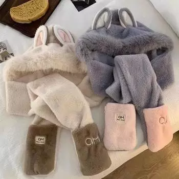 2/3 шт милый пушистый шарф шапка комплект повседневная мультяшная плюшевая шапка теплая шейный шарф шапка перчатка для женщин верховая езда Red 2Pcs Set