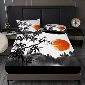 2/3pcs Chinese Style Fitted Sheet Set (1*Fitted Sheet+1/2*Pillowcases, Without Core), Ink Wash Landscape Bamboo Sun Silent Style 90x190x25cm 2pcs