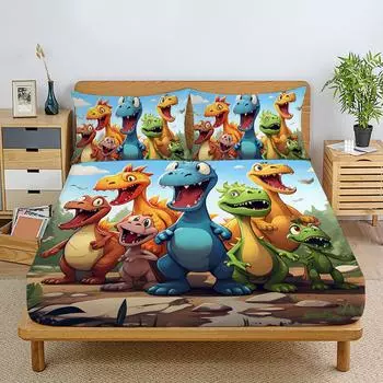 2/3pcs Cute Cartoon Dinosaur 3D Fitted Sheet Set Brushed Digital Printing Fitted Sheet Pillowcase Set (1 Fitted Sheet + 1/2 90x190x25cm 2pcs