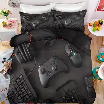 2/3pcs Modern Gamepad Print Duvet Cover Set (1Duvet Cover+1/2Pillowcase), Youth Video Game Controller Mouse Keyboard Headphone US Queen228x228cm