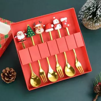 (2/4/6 шт.) Рождественские ложки-вилки, подарочные столовые приборы из нержавеющей стали, набор столовых приборов для кофе, чая, десерта, совок для дома 2025 года на Новый год
