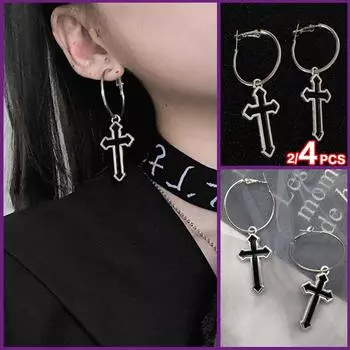 2/4 шт., забавные большие серьги-капли с крестом, золотые и серебряные большие серьги в стиле панк-готика для девочек, BOHO, эмо, рок-ювелирные изделия 2pcs/1pair серебряный