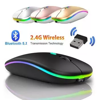 2,4G Беспроводная мышь Bluetooth 5,0 RGB со светодиодной подсветкой, бесшумная умная мышь для сна для ноутбука, компьютера, игровая мышь, оптическая мышь, перезаряжаемая через USB