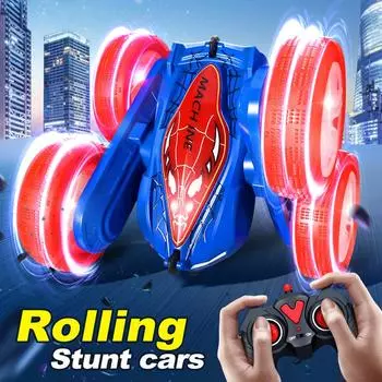 2,4GH светодиодный радиоуправляемый автомобиль 4WD Stunt Car Toy Double Side Rolling Driving Remote Control Car Toys для мальчиков, подарок на день рождения синий