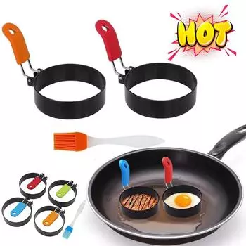 2/4pcs Egg Rings Pancake Mold Set Set Non-stick Egg Cooker Ring Fried Egg Ring with Handle Griddle Pancake Shapers with Brush