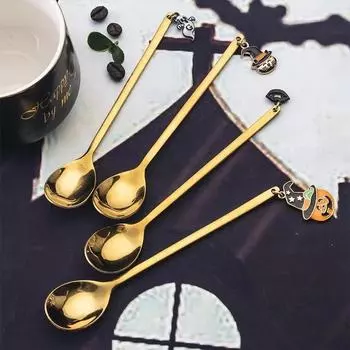 2/4Pcs Halloween Cutlery Set 304 Stainless Steel Dessert Cake Spoon with Pendant Gold Witch Ghost Tableware Snack Spoon Fork Set