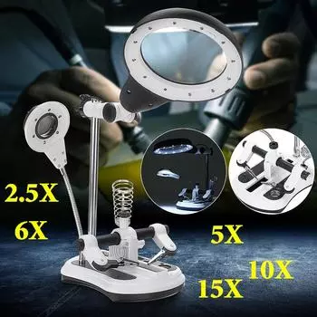 2.5x/5x/6x/10x Подставка для паяльной станции Сварочная лупа 2.5X-11.5X Линза Лупа Пайка Ремонт со светодиодной подсветкой Вилка ЕС 29*13*15.5см