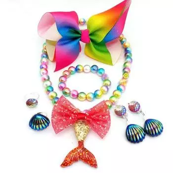 2/6/7PCS Adjustable Girls Beads Necklace Set Cartoon Children Jewelry Set Mermaid Tail Pendant Baby Blue-7PCS/SET