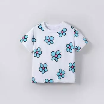 2-7 лет Топы из хлопковой смеси для девочек, повседневная детская футболка с милым цветочным принтом, летние детские футболки с круглым вырезом и короткими рукавами 2Y