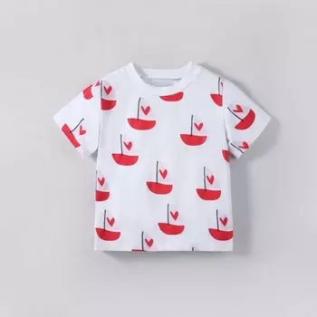 2-7 лет Топы из хлопковой смеси для девочек, повседневная детская футболка с милым принтом в виде сердца и парусника, летние детские футболки с круглым вырезом и короткими рукавами 2Y