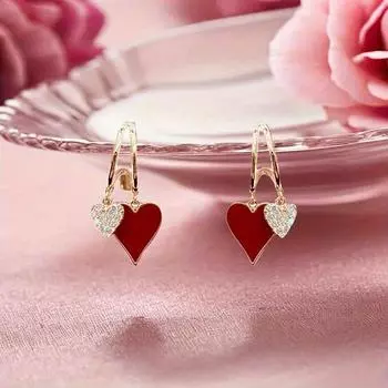 2 элегантные серебряные серьги-подвески в форме двойного красного сердца с уникальным и простым дизайном для женщин
