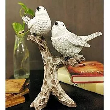 2 Birds Sitting On Tree Branch Figurine Home Decoration Showpiece Chidiya Statue for Home Decor Item Sparrow Pair Showpiece (White)