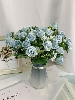 2 букета искусственных цветов Букет Мини-розы Хризантемы Розы Зеленые листья Цветочные букеты для вазы Свадебная композиция Домашний офис Декор розовый