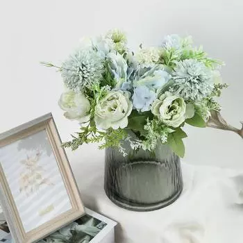 2 букета искусственных пионов, искусственные цветы гортензии, букет из 7 головок шелковых искусственных пионов, свадебный декор для рук светло-розовый