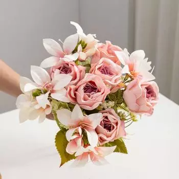 2 Bunches Artificial Flower Silk Rose Lily Flower Bouquets Outdoor Garden Wedding Bridal Accessories Christmas Decor Home Festival Party DIY Gift