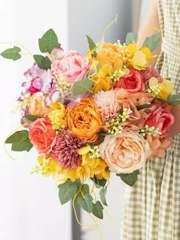 2 Bundles Artificial Rose Peony Fake Flowers Silk Hydrangea Bouquet Bridal Bouquet Realistic Flower Arrangements for Wedding Table Home Decoration синий