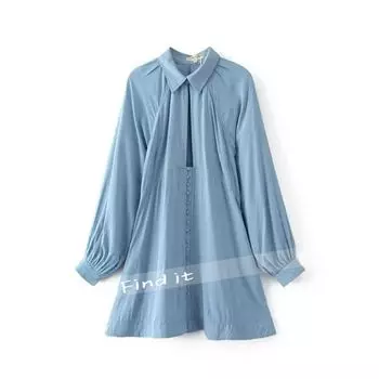 2-Color FindIt Fashion Vacation Skirt French Romantic Plaid Cotton Sunscreen Long Sleeves Dress Large Deep V Skirt Blue S