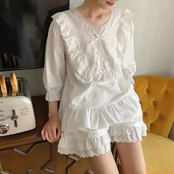 2 цвета Женская принцесса Вышитые цветы Пижамные комплекты Топы Шорты Винтаж Дамская Девичья кружевная пижама Комплект Пижамы Домашнего Одежды L небесно-голубой