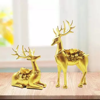 2 Deer Statues, Elk Figurines, Collectible Desktop Ornaments, Animal Sculptures for Bookshelf, золотой