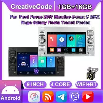 2 DIN Android автомобильный радиоприемник мультимедийный плеер стерео для Ford Focus 2007 Mondeo S-max C MAX Kuga Galaxy Fiesta Transit Fusion Navi BT GPS Wi-Fi 1 + 16 ГБ чёрный