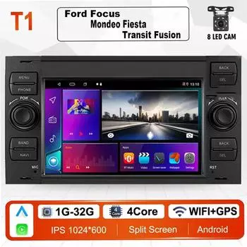 2 DIN Android Carplay Автомобильный радиоприемник Мультимедийный плеер для Ford Focus 2007 Mondeo S-max C MAX Kuga Galaxy Fiesta Transit Fusion Navi BT GPS Wi-Fi 1 + 32 ГБ чёрный