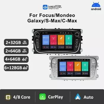 2 Din Android Радио WiFi 4G LTE Автомобильный мультимедийный видеоплеер для Ford Focus Mondeo C-MAX S-MAX Galaxy II Kuga Carplay Головное устройство
