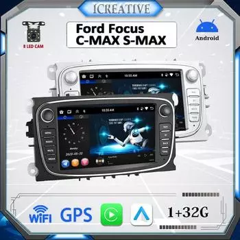 2 DIN Авто Радио Android Автомобильный мультимедийный видеоплеер для Ford Focus Mondeo C-MAX S-MAX Galaxy II Kuga 7 HD-экран MirrorLink GPS 1 + 32 ГБ чёрный