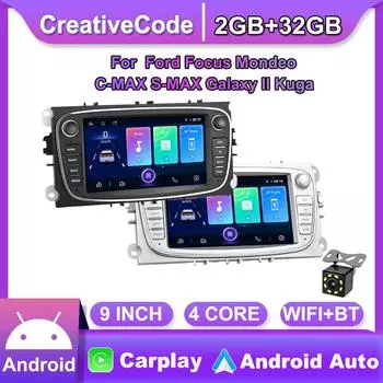 2 DIN Carplay Авто Радио Android Автомобильный мультимедийный видеоплеер для Ford Focus Mondeo C-MAX S-MAX Galaxy II Kuga 7 HD-экран Зеркальная связь GPS 2 + 32 ГБ 1+16GB чёрный