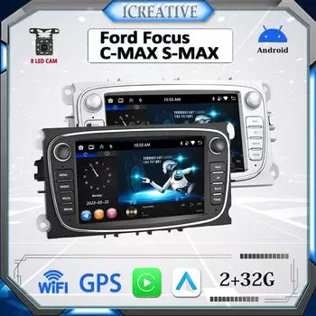 2 DIN Carplay Авто Радио Android Автомобильный мультимедийный видеоплеер для Ford Focus Mondeo C-MAX S-MAX Galaxy II Kuga 7 HD-экран Зеркальная связь GPS 2 + 32 ГБ 1+32GB чёрный