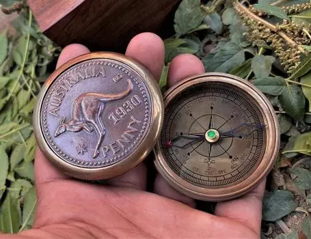 2-дюймовый австралийский пенни [1930] Красивый антикварный коллекционный компас с деревянной коробкой