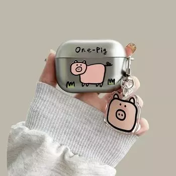 2 Generation Silver 3 Generation Silicone Pro Cute Minimalist Funny Female Pro Second Generation Drop-Resistant 4 Generation New Arrival Soft Case Apple Airpods Pro Pink Square Pig + same pendant