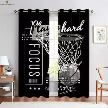 2-х компонентные шторы с изображением баскетбола и пламени, 3D-печать, полиэфирное волокно, машинная стирка, декоративные шторы для спальни, гостиной, кухни W50xH130(CM)x2PCS&Grommet Top