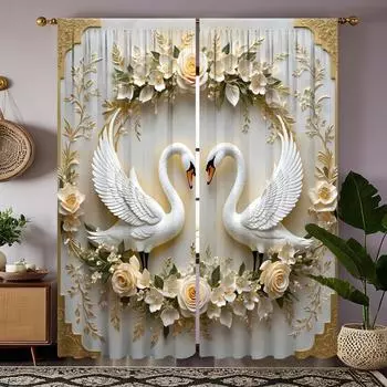 2-х компонентный HD цифровой белый галстук красивый цветок лебедь занавеска для украшения дома стиль украшения гостиной спальни носить штангу занавеска W52H63inchW132H160cm