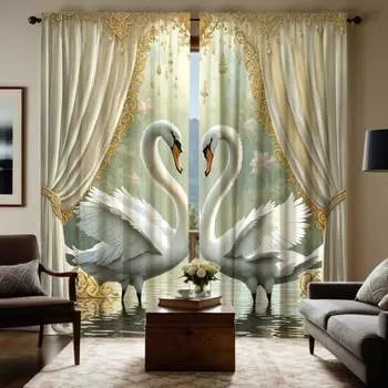 2-х компонентный HD цифровой белый галстук теплый Лебединое озеро занавеска украшение дома стиль украшение гостиная спальня носить штанга эффект занавески W52H63inchW132H160cm