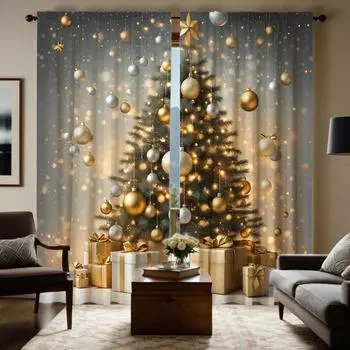2-х компонентный HD цифровой желтый акварельный рождественский шар с золотым и серебряным шаром занавеска для украшения дома в стиле гостиной спальни W52H63inchW132H160cm