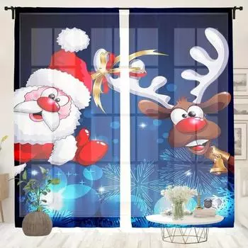 2-х панельная занавеска из полиэфирного волокна с изображением рождественского оленя и колокольчика из сосновой ветки, тонкая занавеска для гостиной, спальни, кабинета 2x50W130H(CM)40x51in&Hook
