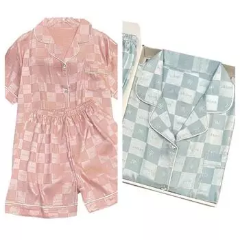 2-х предметная пижама женская жаккардовая клетчатая шелковая с короткими рукавами шорты костюм кардиган с лацканами однотонная домашняя одежда для девочек женская одежда для сна M синий