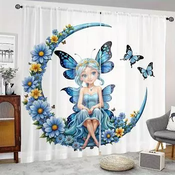 2-х шт. Заколдованный лес Фея Бабочка Прозрачные шторы Карманный дизайн для гостиной спальни Декор окна Машинная стирка 100W130H(CM)40x51in&rod pocket
