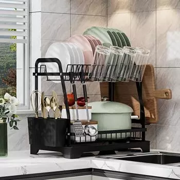 2-х уровневая большая сушилка для посуды для кухонной стойки, сушилка для посуды, большая сушилка для посуды с крылом и держателями для посуды, черная 2-tier
