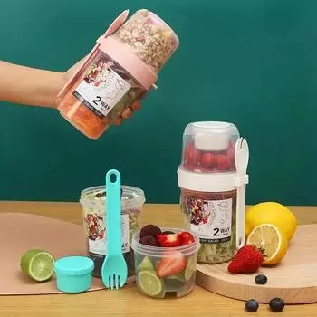 2-х уровневая чашка для салата, завтрака, фруктов, овсянки, йогурта, салата, чашка с ложкой, двухслойная еда, портативная для фитнеса, снижения веса, хранения продуктов