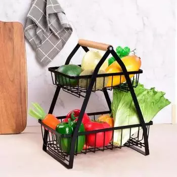 2-х уровневая корзина для фруктов, съемный металлический держатель для фруктов, вентилируемый дизайн, переносная деревянная ручка