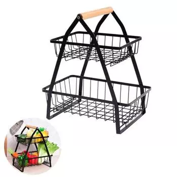 2-х уровневая корзина для фруктов, съемный металлический держатель для фруктов, вентилируемый дизайн, переносная деревянная ручка