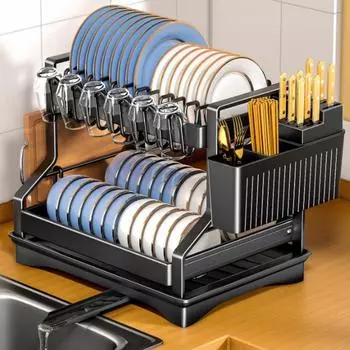 2-х уровневая кухонная миска, сушилка для сливной корзины, тарелка, палочки для еды, нож, стеллаж для хранения чашки воды, столешница, органайзер для посуды