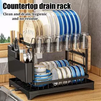 2-х уровневая многоцелевая сушилка для посуды для кухонной столешницы с подставкой для чашек и держателем для столовых приборов, разделочная доска, экономящая место, цвет черный, белый белый