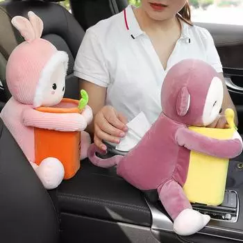 2 In1 Cute Cartoon Car Tissue Box Creative Rabbit Short Plush Tissue Box Holder For Car Armrest Box Car Garbage Can Car Acc X3L8