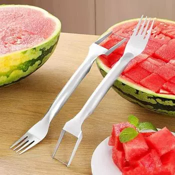 2 In1 Watermelon Fork Slicer Professional Watermelon Slicer Cutter Knife Stainless Steel Fruit Forks Slicer for Watermelon Cubes