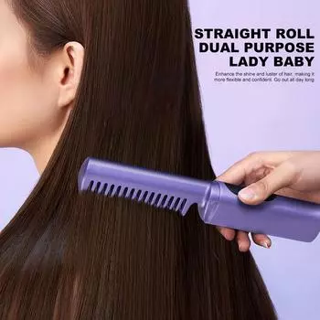 2 In 1 Lazy Straightener Hair Hot Comb Fast Heating Negative Ion Hair Straightener Curler USB Rechargeable Straight Curling Iron розовый