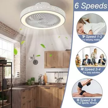 2 in 1 Modern Smart Ceiling Fan with Light Remote Control LED Dimmable 6 Speeds Timer Flush Mount Enclose Ceiling Fans Lamp 72W 220V белый