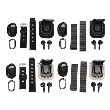 2 in 1 Smart Watch with Earbuds 2.01 Inch TFT Touch Screen Bluetooth Call Music Play Step Count Mult Black Gel